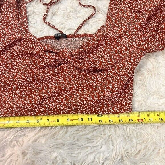 SHEIN Womens Red Floral Smocked Cut Out Tie Front Crop Top Bohemian NWOT Large - Picture 8 of 12